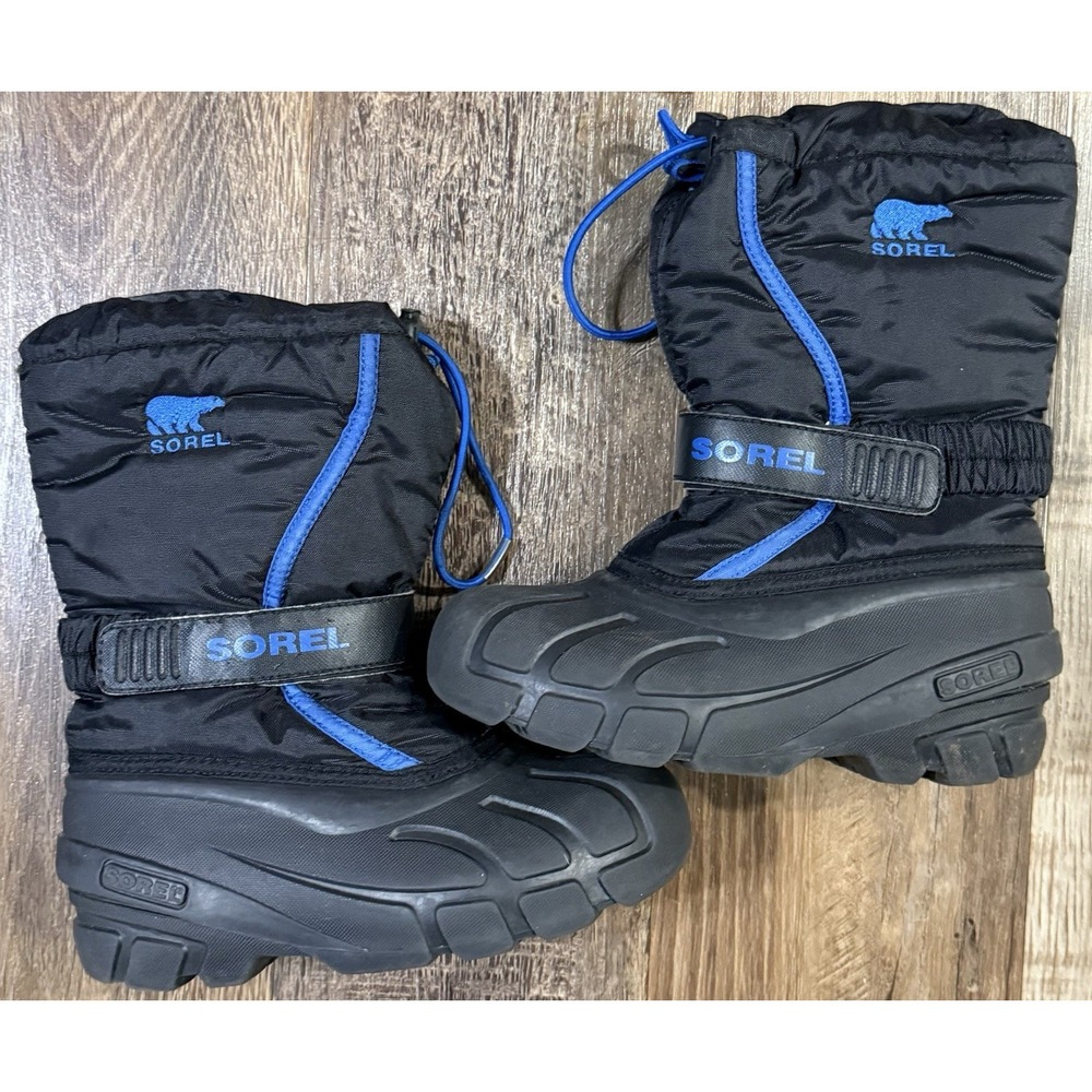 Sorel Flurry Youth Size 13 Winter Snow Boots Waterproof Black Blue Insulated